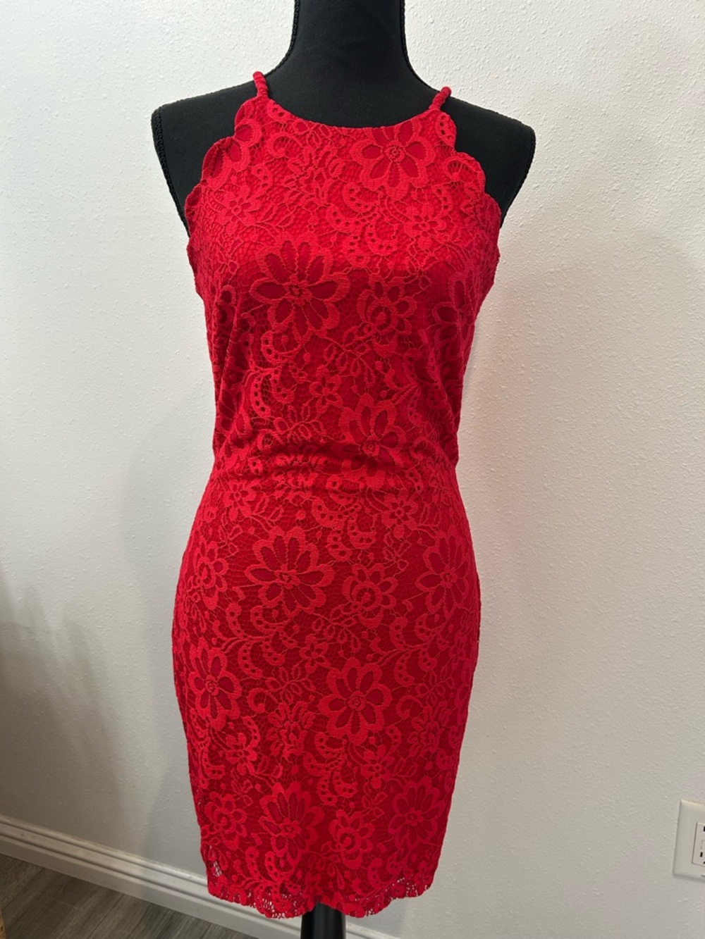 BCX Red Floral Lace High-Neck Mini Dress